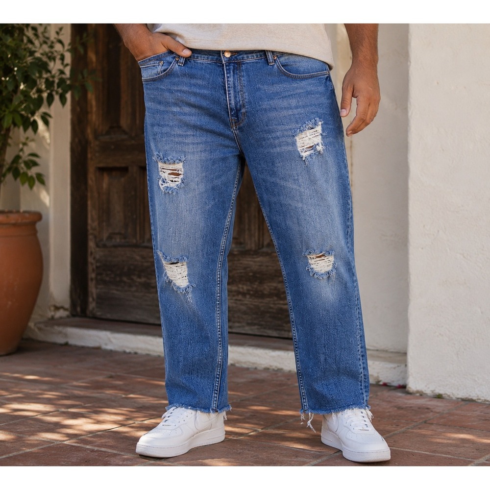 ASOS DESIGN Jeans Men 40x28 Blue Distressed Ripped Raw Hem Medium Wash Denim